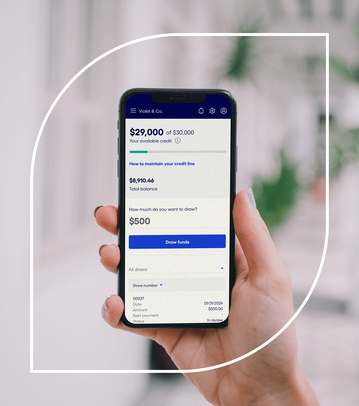 Phone screen showing available line of credit
